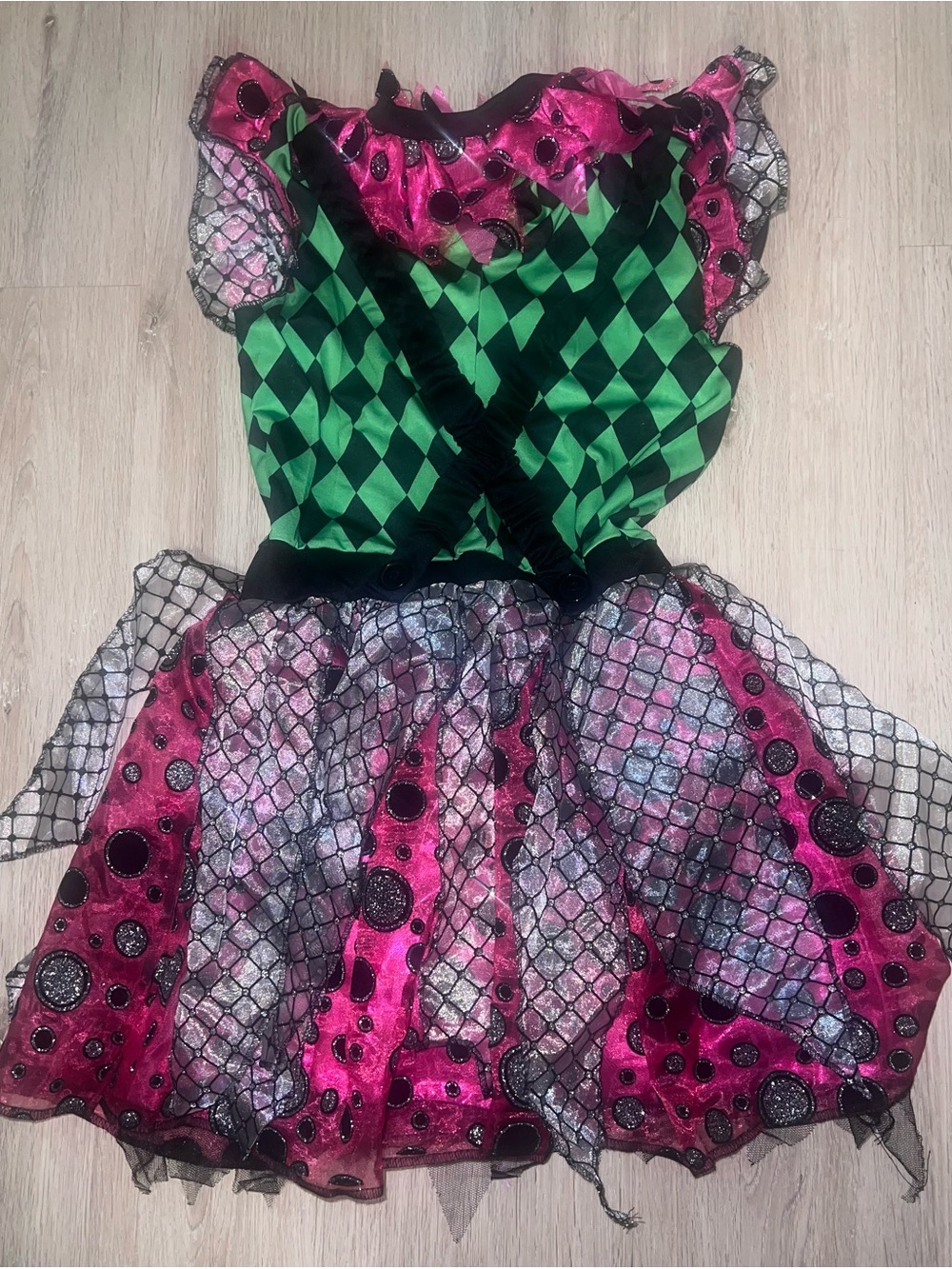Neon Clown Costume Dress, Green & Pink Harlequin, with Socks